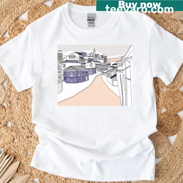 Minimalist line art t-shirt featuring a Mediterranean village with lavender roofs
