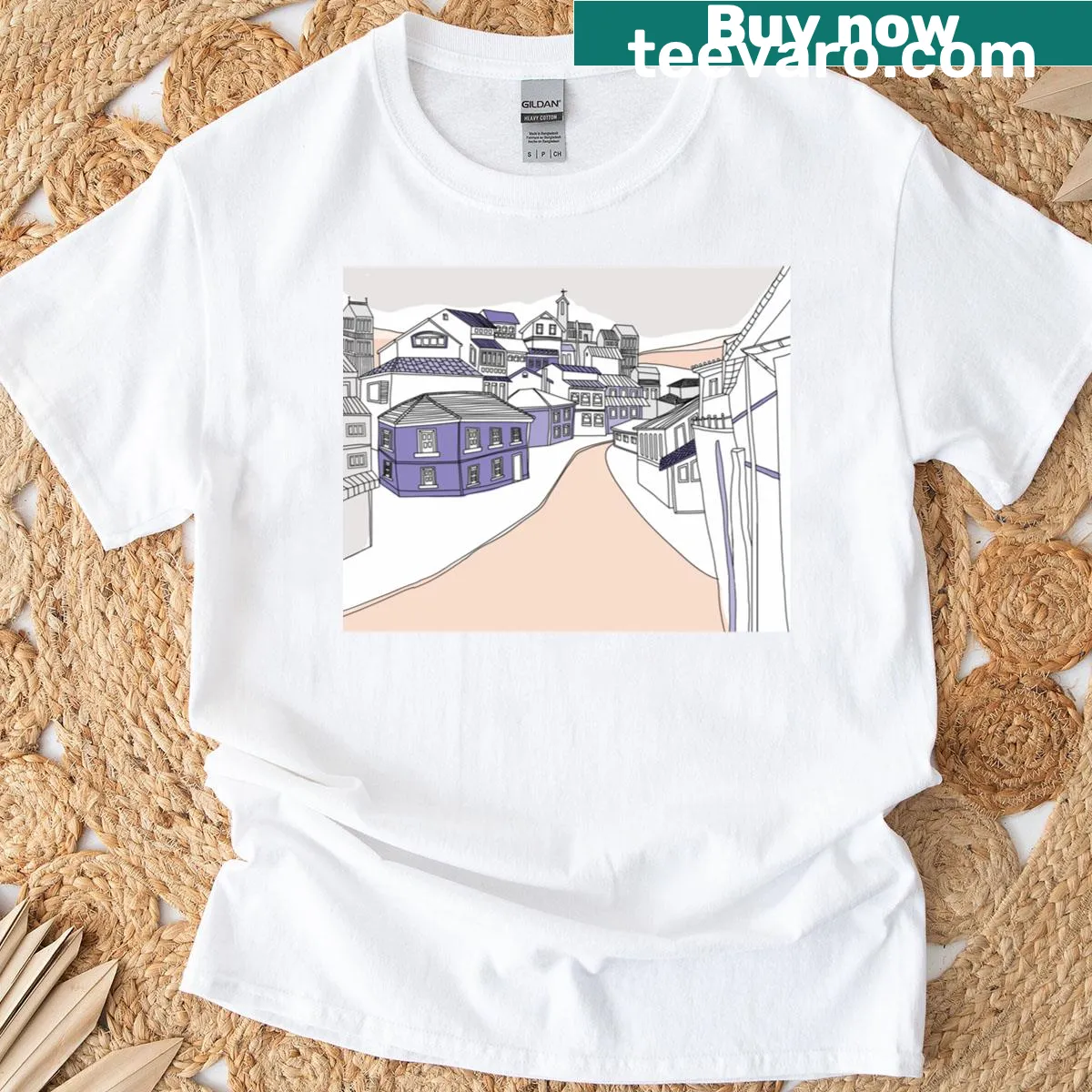 Minimalist line art t-shirt featuring a Mediterranean village with lavender roofs — on a men's t-shirt