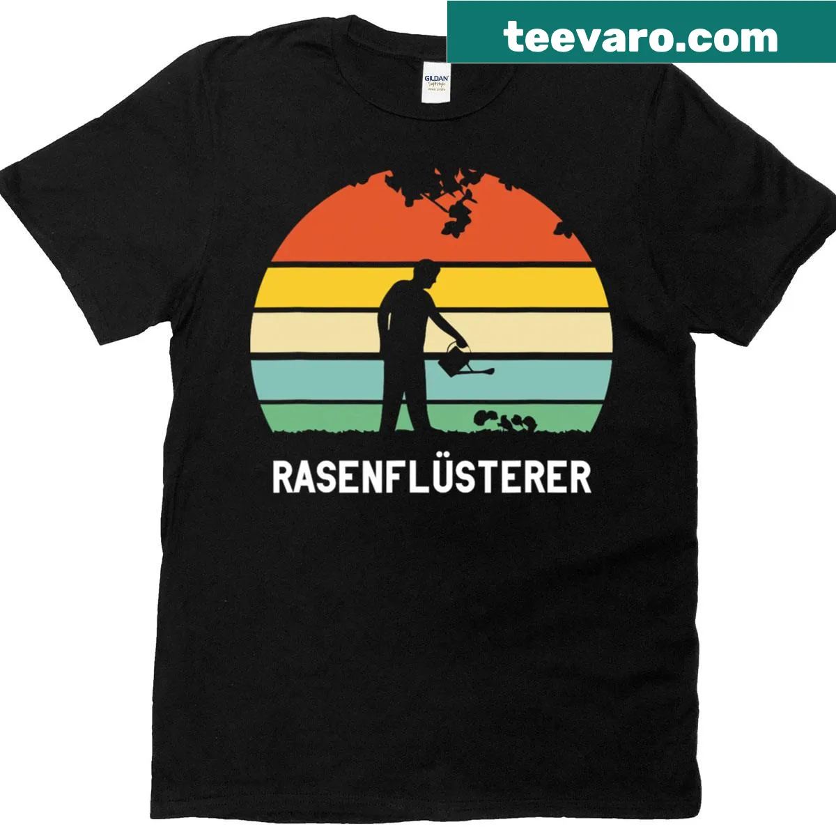 Lawn Whisperer T-shirt featuring a badge emblem for gardeners — on a men's t-shirt