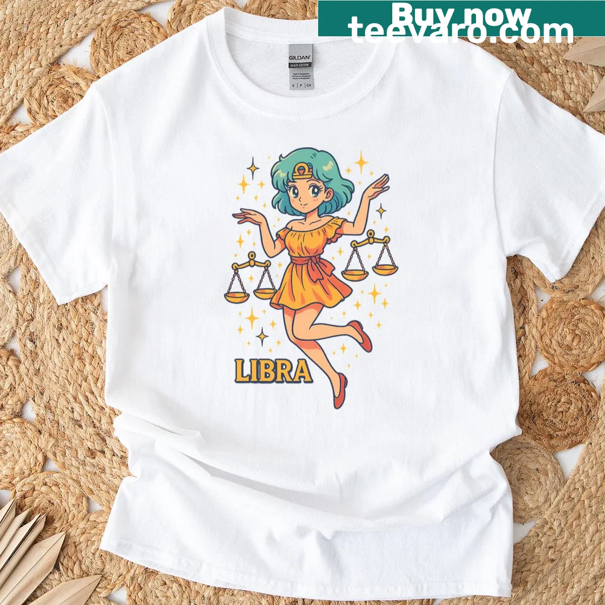 Anime-style Libra sign graphic T-shirt with 80s design elements — on a men's t-shirt