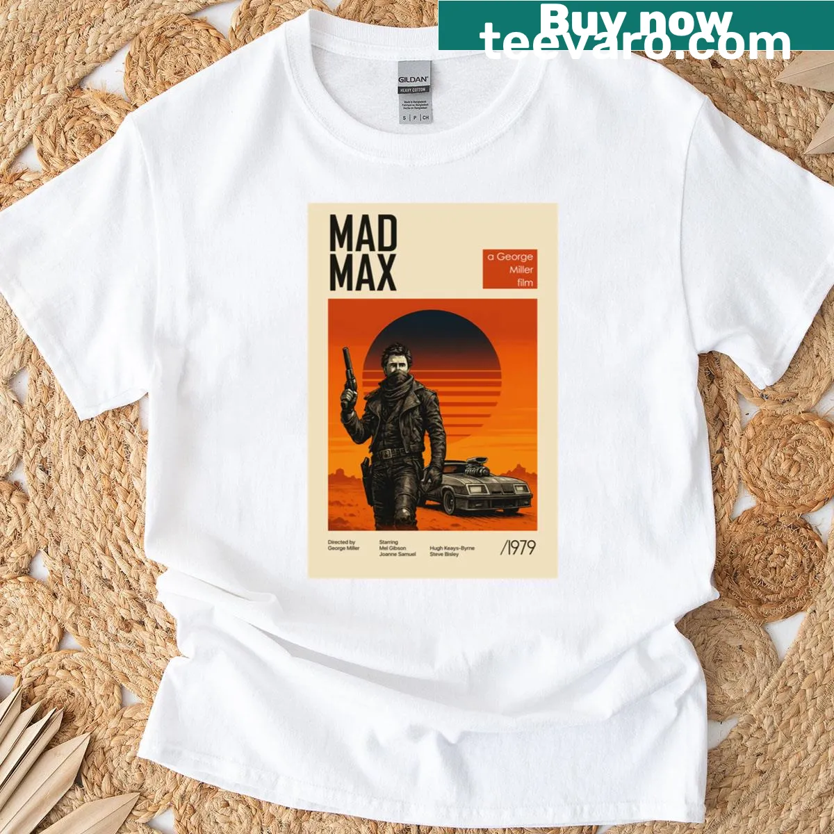 Retro t-shirt featuring Mad Max 1979 movie poster design — on a men's t-shirt