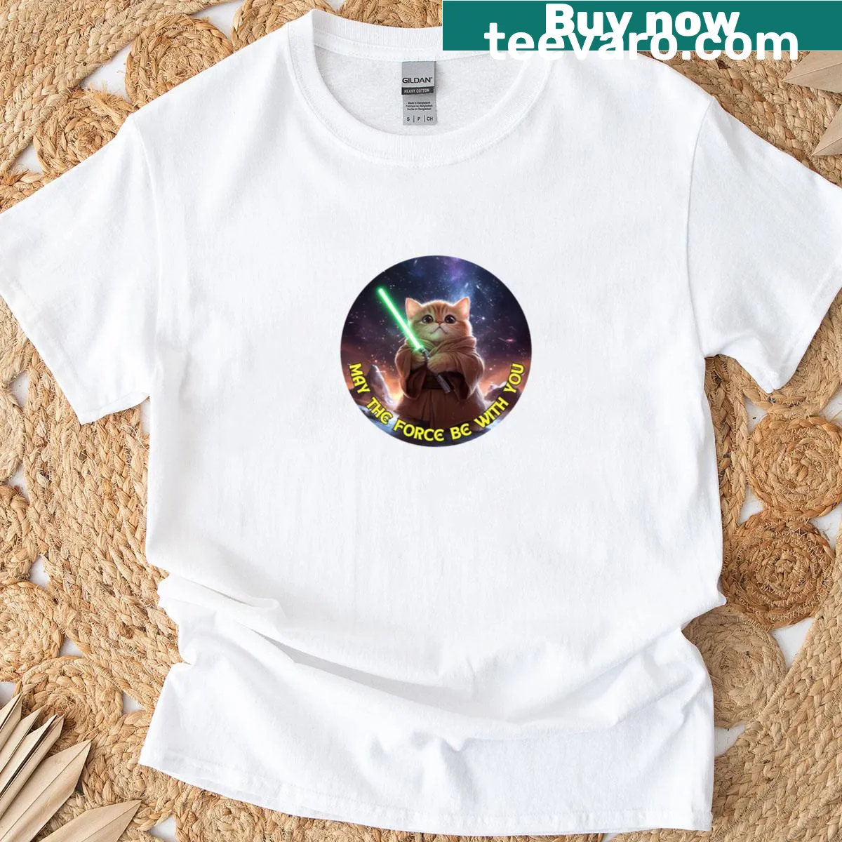 Kitten with lightsaber graphic and 'May The Force Be With You' text — on a men's t-shirt
