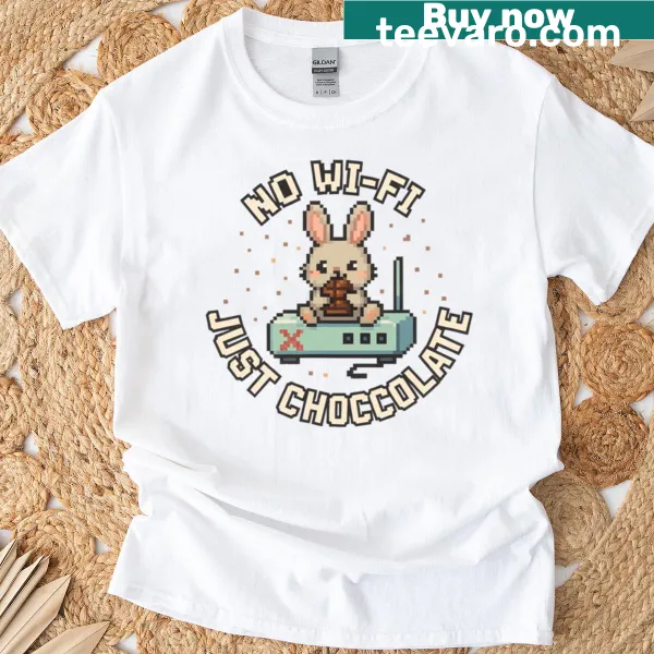 Funny Easter t-shirt with pixel art bunny and chocolate saying