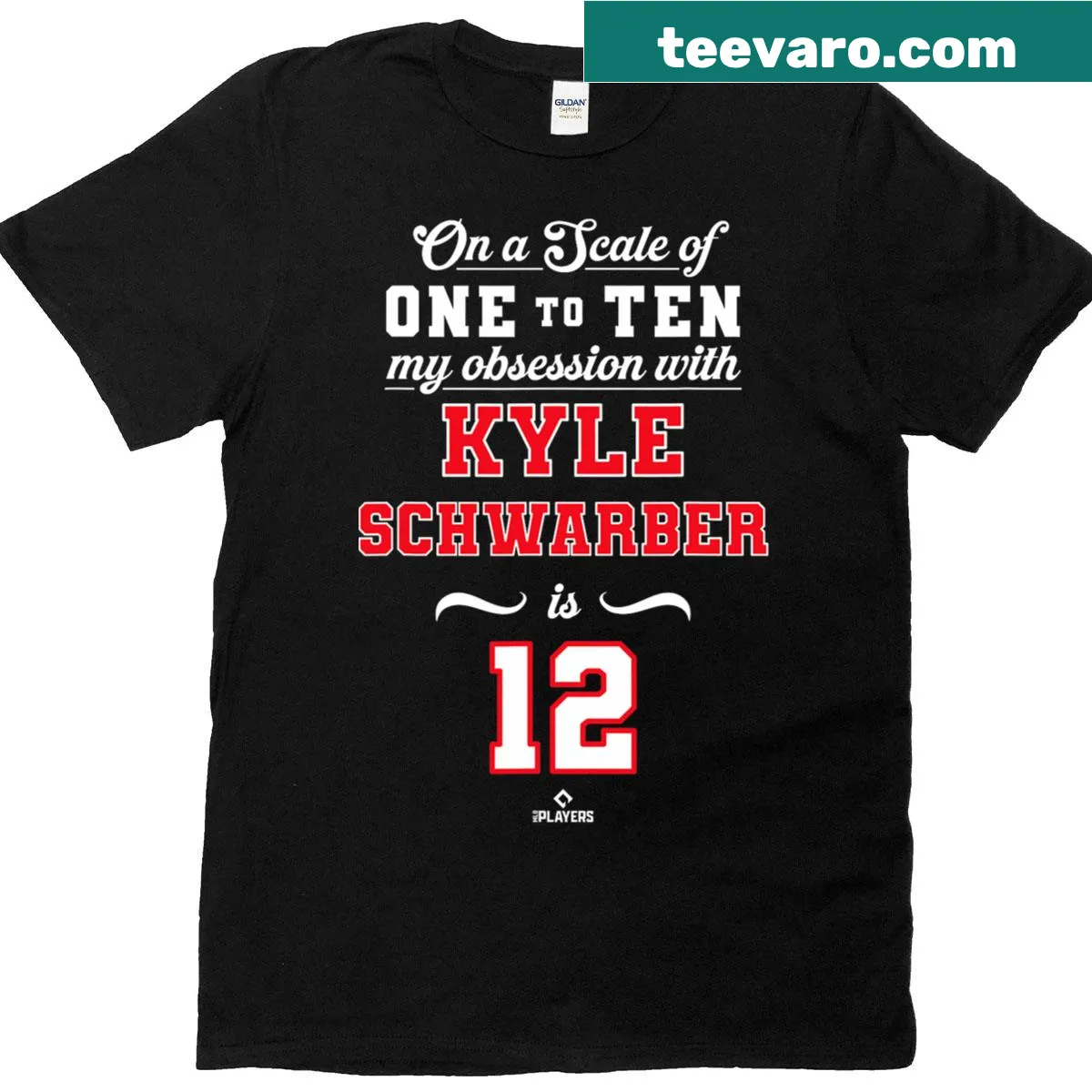 Graphic featuring Kyle Schwarber's number 12 on a T-shirt. — on a men's t-shirt