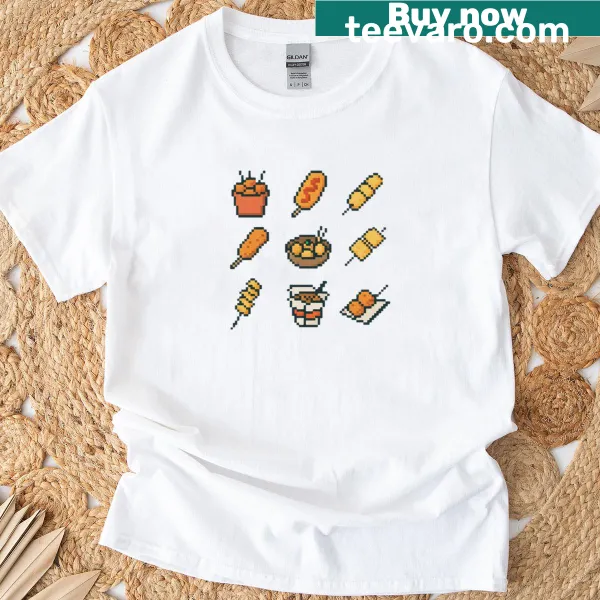 Playful street food pixel art t-shirt featuring snacks