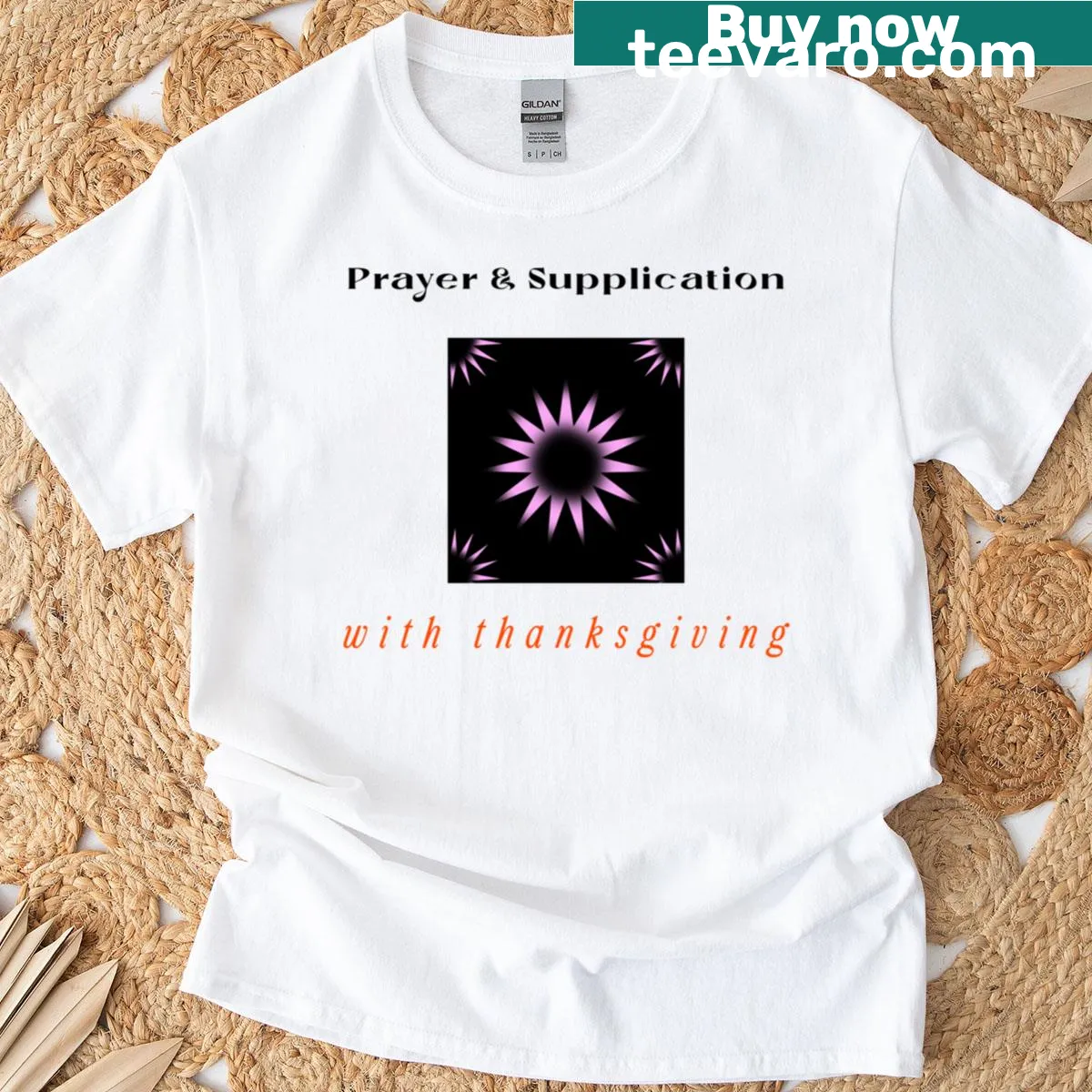 T-shirt with bold text illustrating prayer and thanksgiving theme — on a men's t-shirt