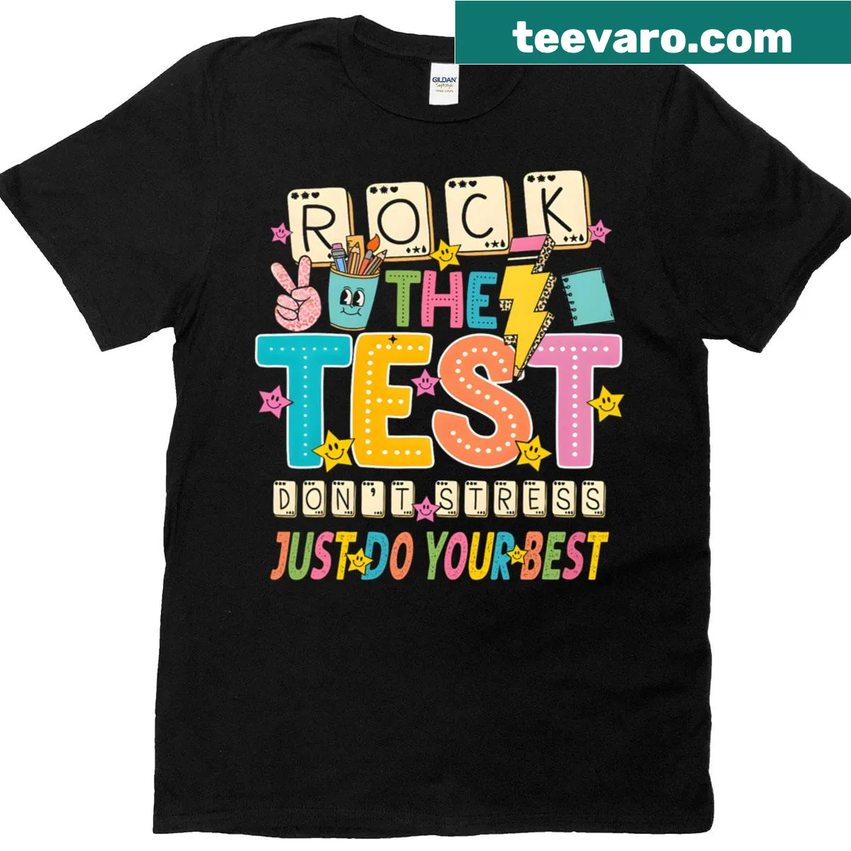 Teacher t-shirt with motivational 'Don't Stress Just Do Your Best' phrase — on a men's t-shirt