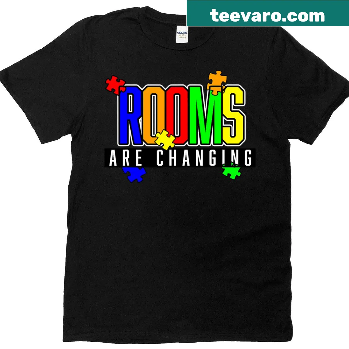 Awareness t-shirt with 'Rooms Are Changing For Autism' phrase — on a men's t-shirt