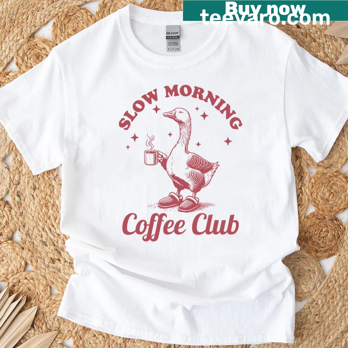 Vintage T-shirt with a funny lazy goose graphic for coffee lovers. — on a men's t-shirt