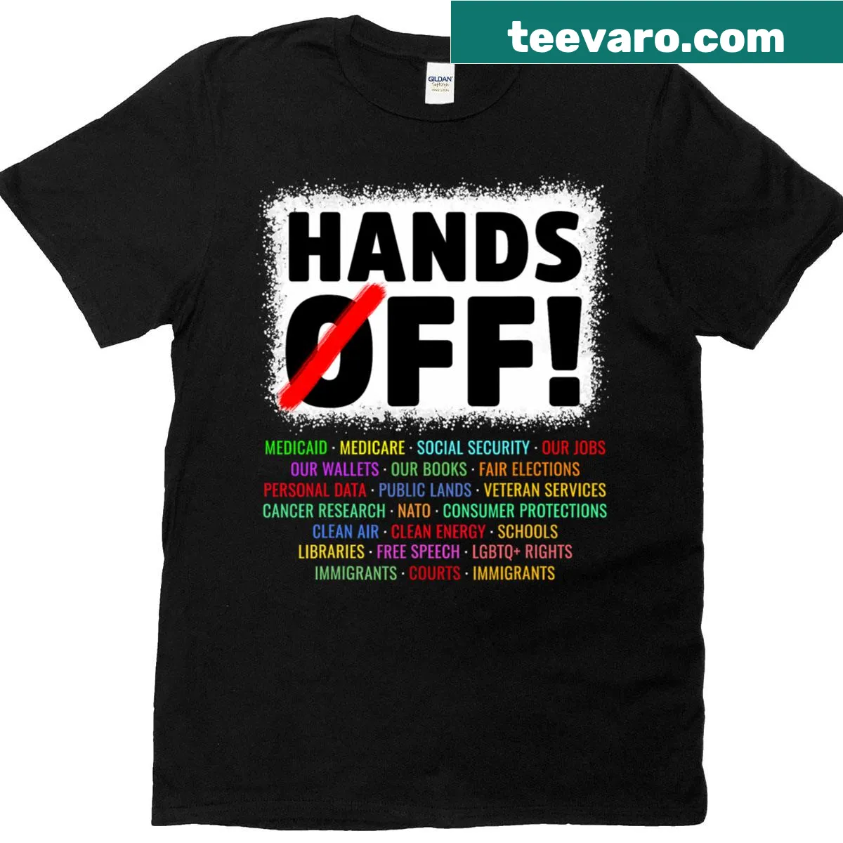 Bold 'Hands Off' text on Social Security and Medicare protest tee — on a men's t-shirt