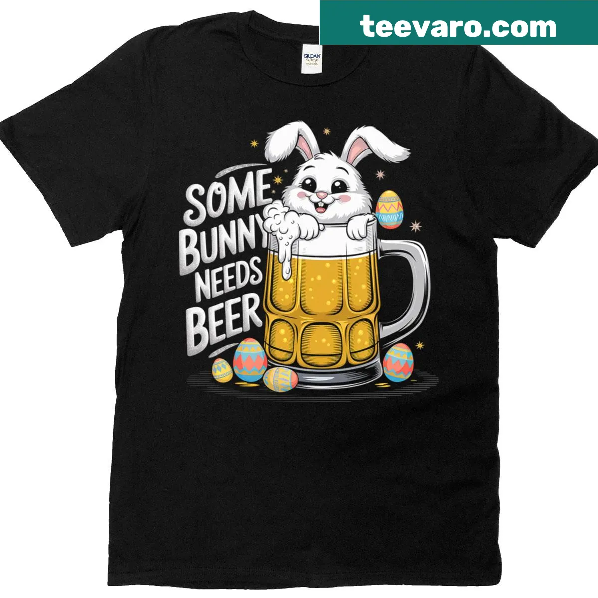 Funny bunny with beer for Easter on a t-shirt — on a men's t-shirt