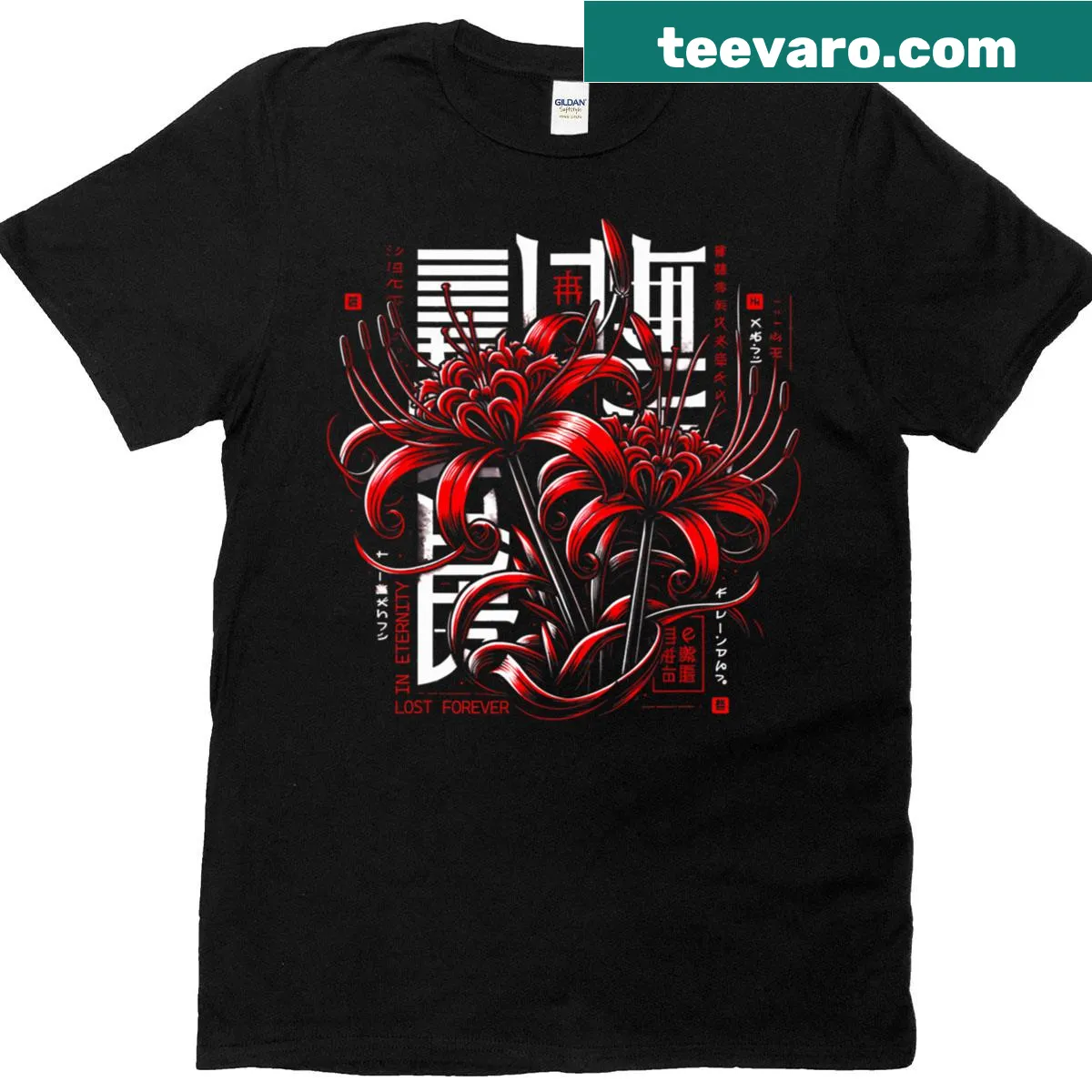 Dark floral anime art with spider lilies on a T-shirt — on a men's t-shirt