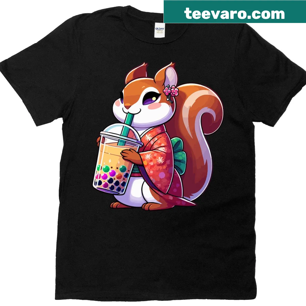 Kawaii squirrel drinking bubble tea on a T-shirt — on a men's t-shirt