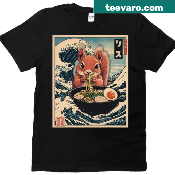 Kawaii retro T-shirt with cartoon squirrel eating ramen against Great Wave backdrop