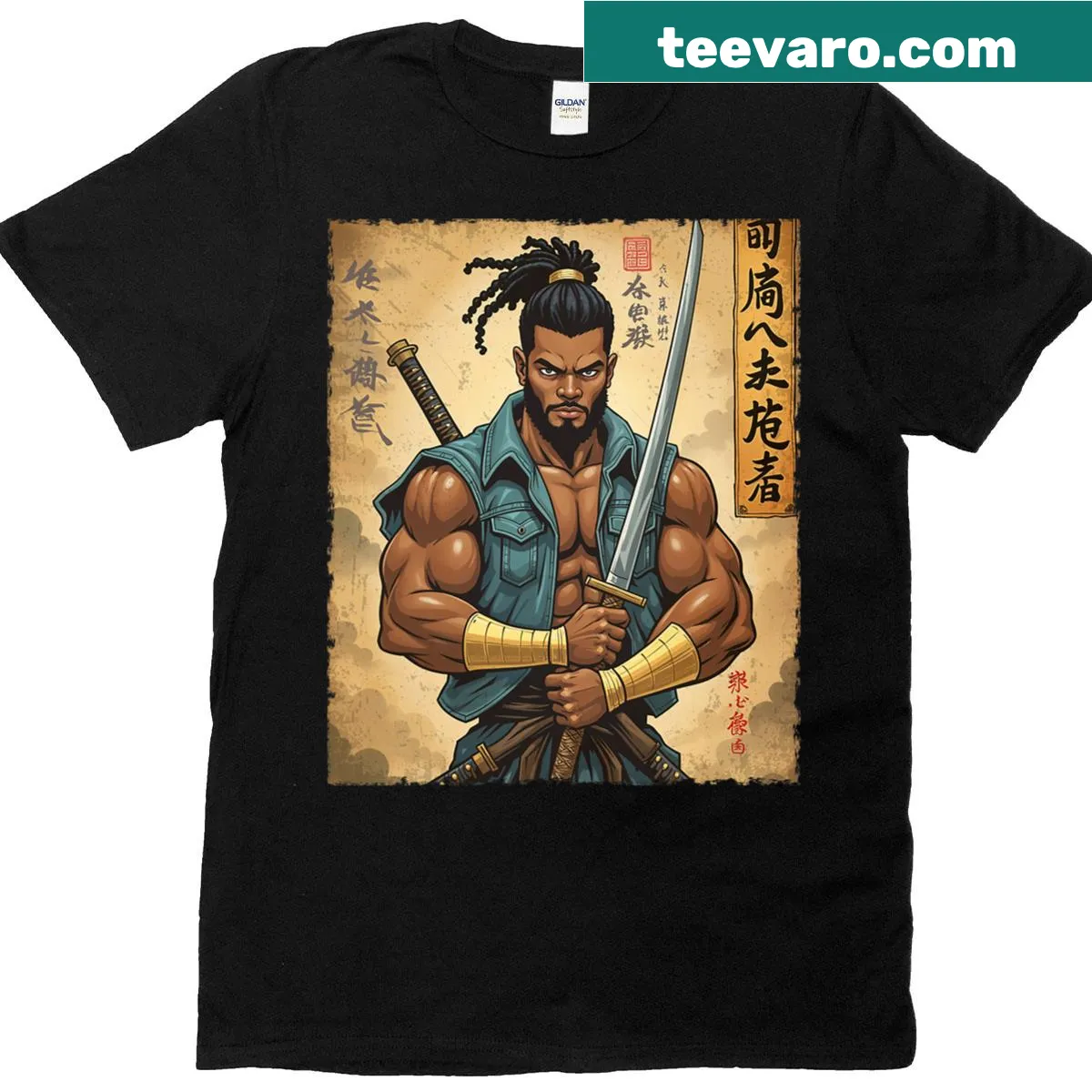 Afro warrior samurai with katana in anime style — on a men's t-shirt