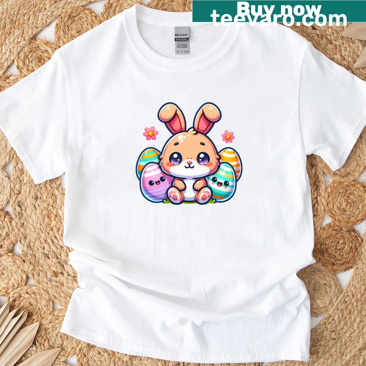 Cute Easter Bunny and egg friends graphic T-shirt — on a men's t-shirt