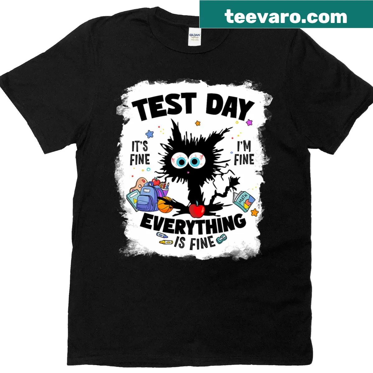 Funny cat teacher stressed graphic for testing day — on a men's t-shirt