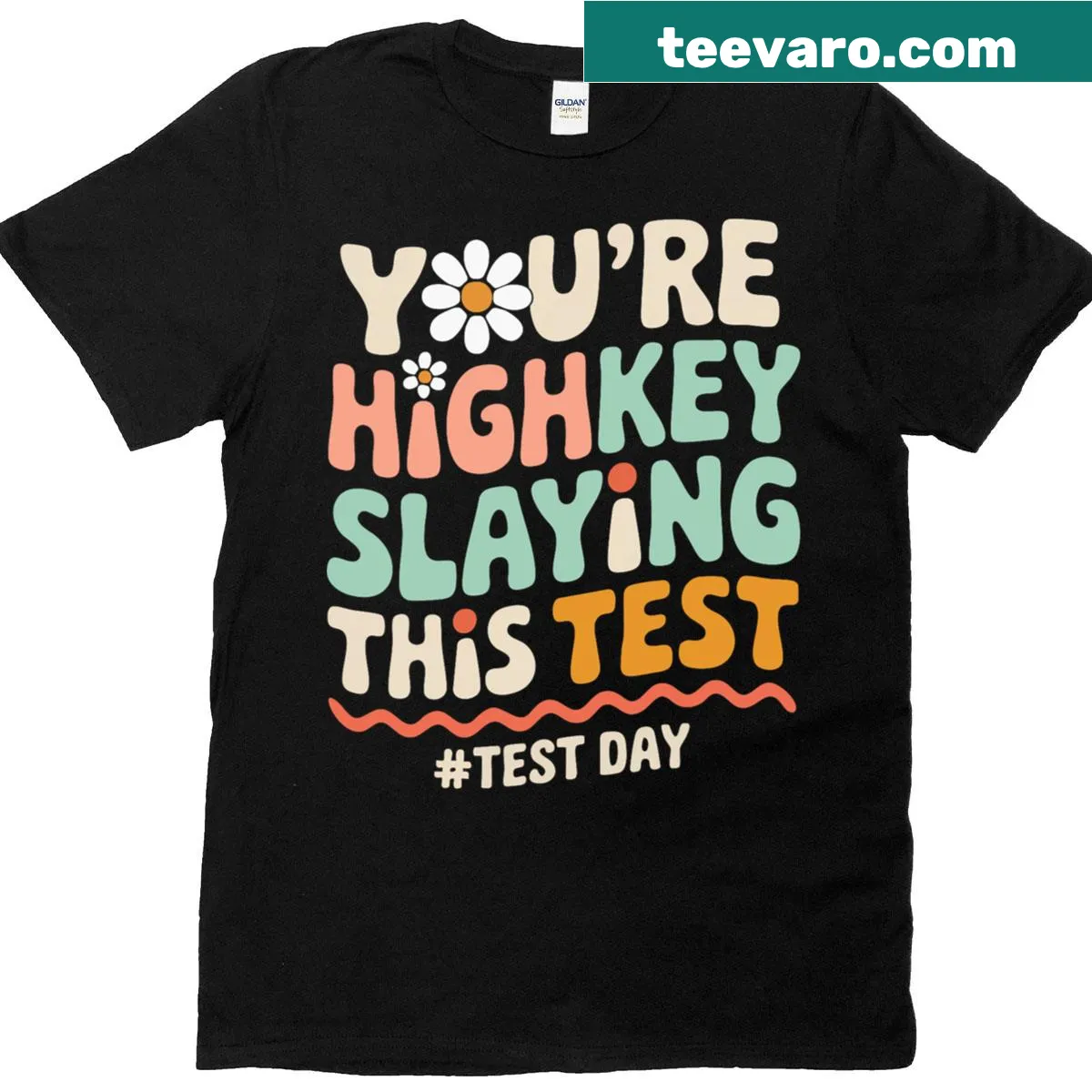 Playful teacher t-shirt with motivational test message — on a men's t-shirt