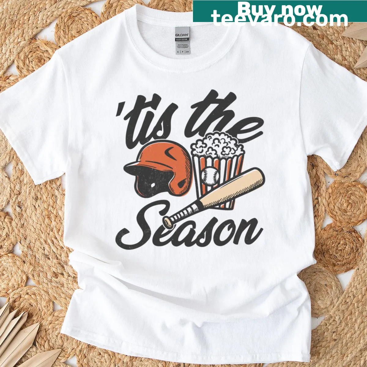 Illustrated T-shirt with the phrase 'Tis The Season For Baseball' — on a men's t-shirt