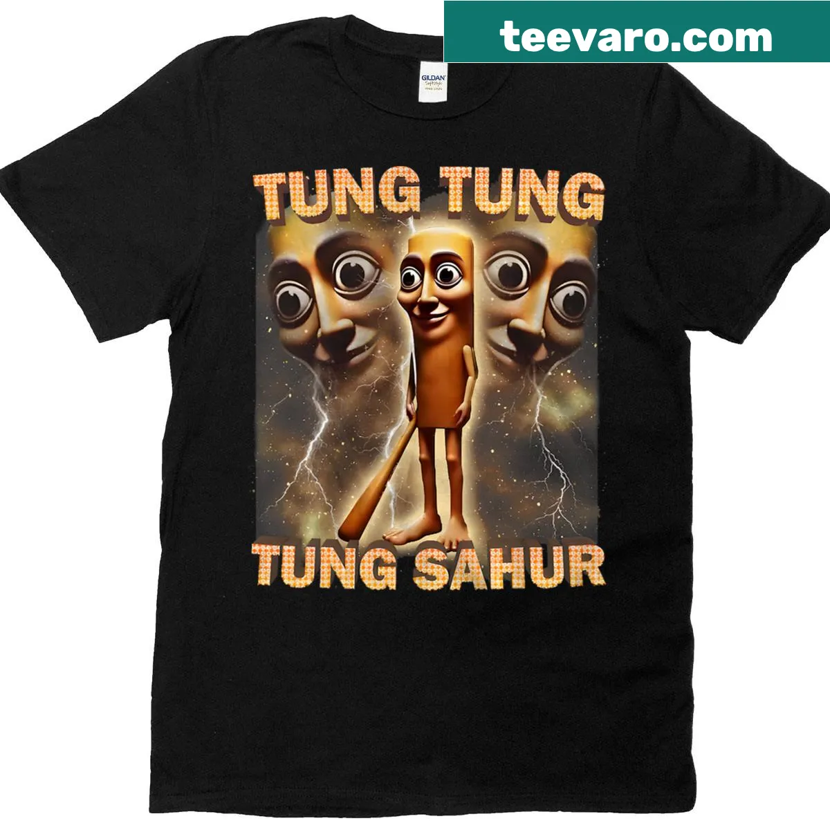 Funny meme t-shirt featuring 'Tung Tung Tung Sahur' illustration — on a men's t-shirt