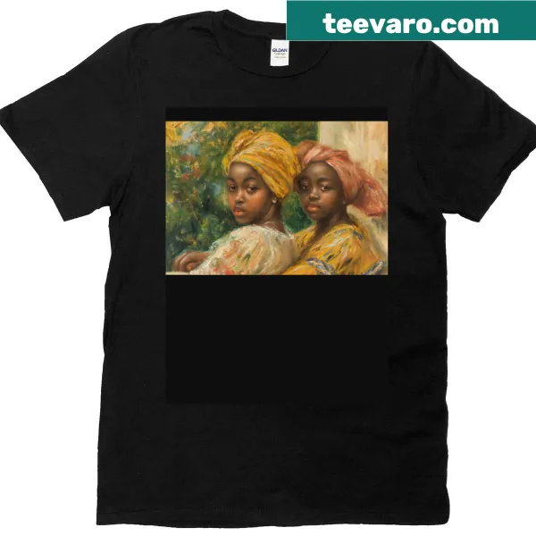 T-shirt featuring oil painting style artwork of two sisters