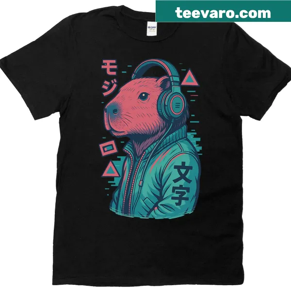 Graphic t-shirt featuring vaporwave capybara and Ukiyo-e elements