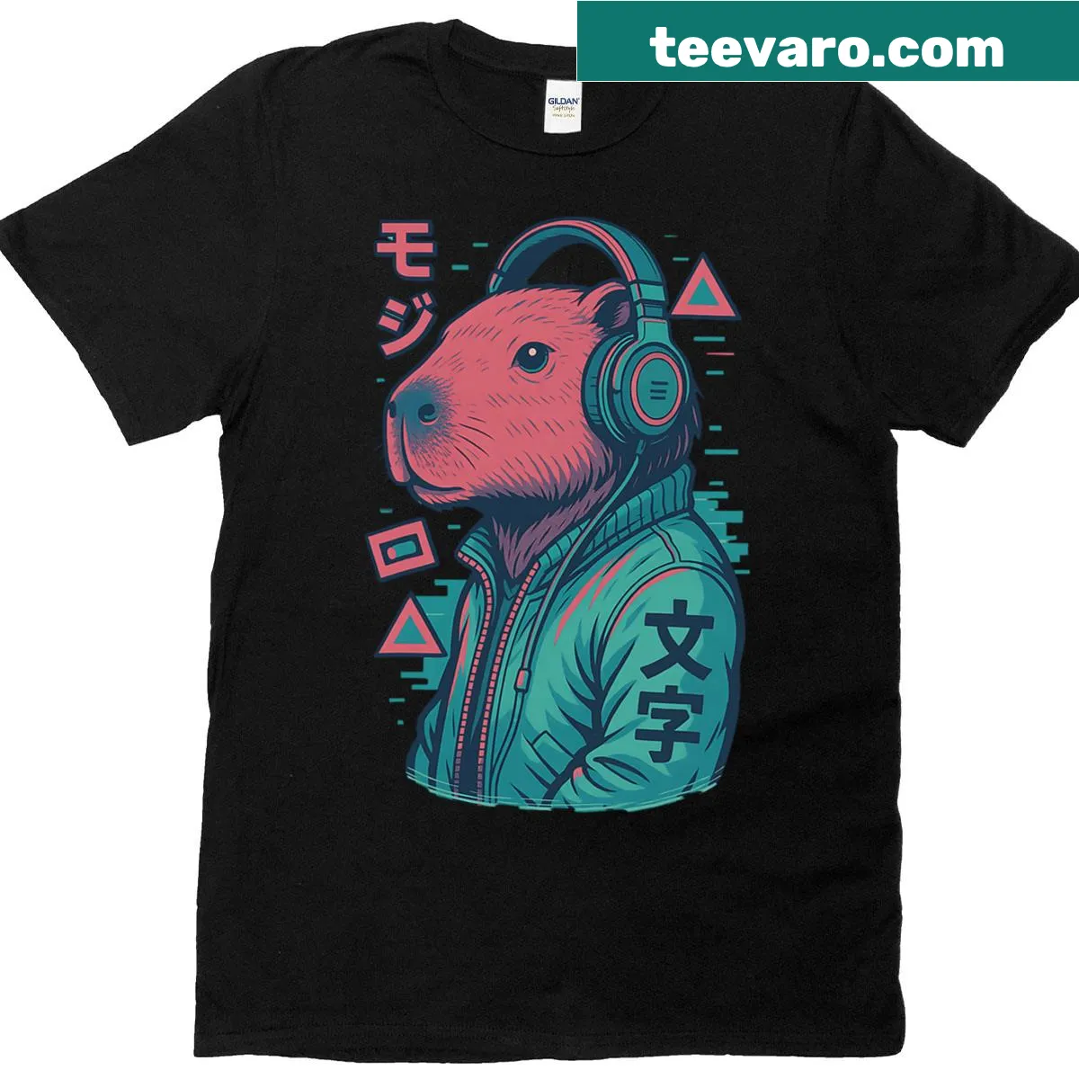 Graphic t-shirt featuring vaporwave capybara and Ukiyo-e elements — on a men's t-shirt