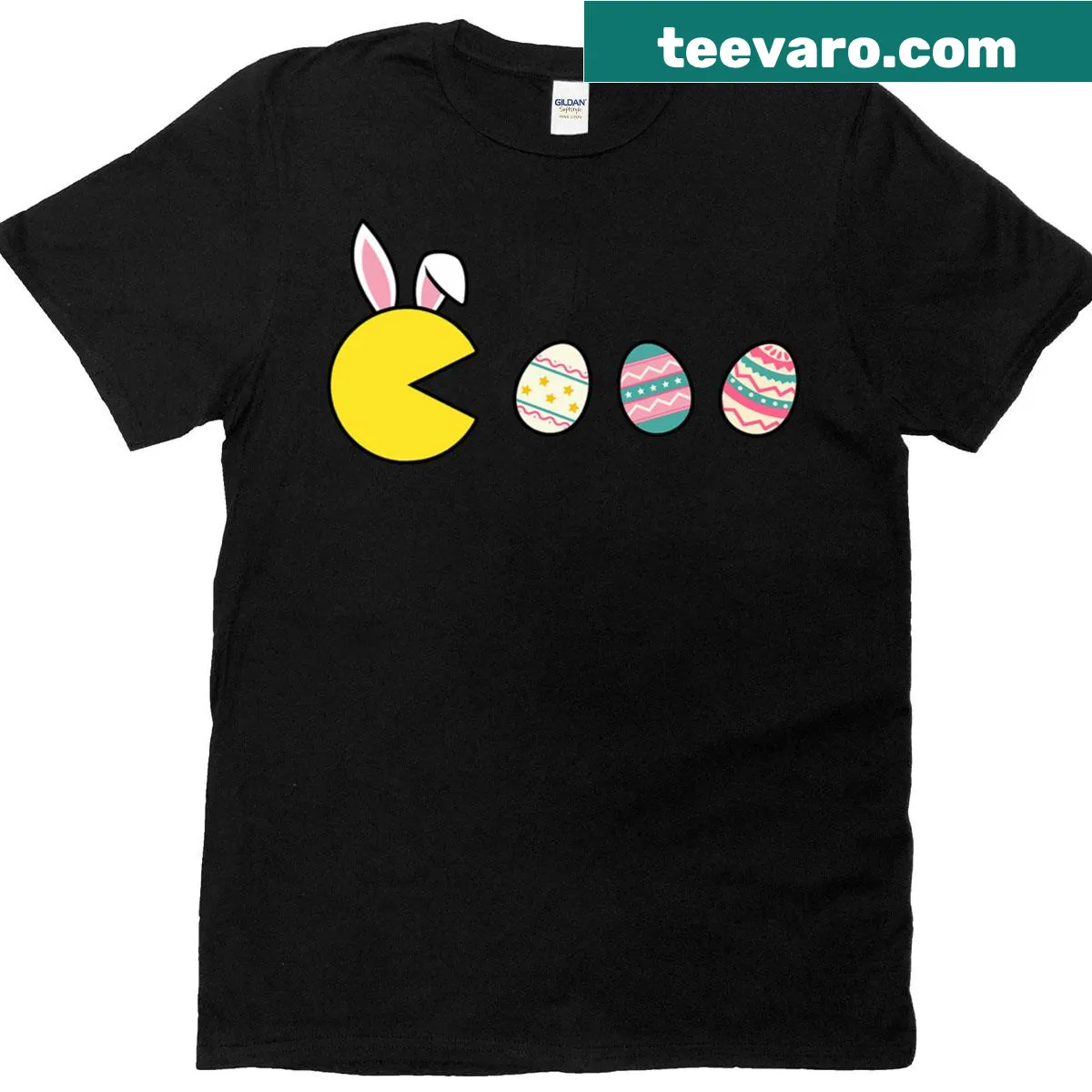 Retro gamer t-shirt with pixel art of character eating Easter eggs — on a men's t-shirt