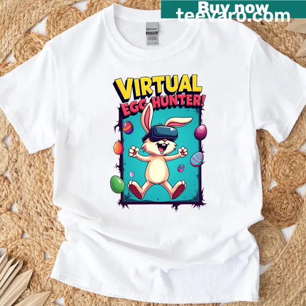 Funny gamer bunny graphic on an Easter-themed t-shirt
