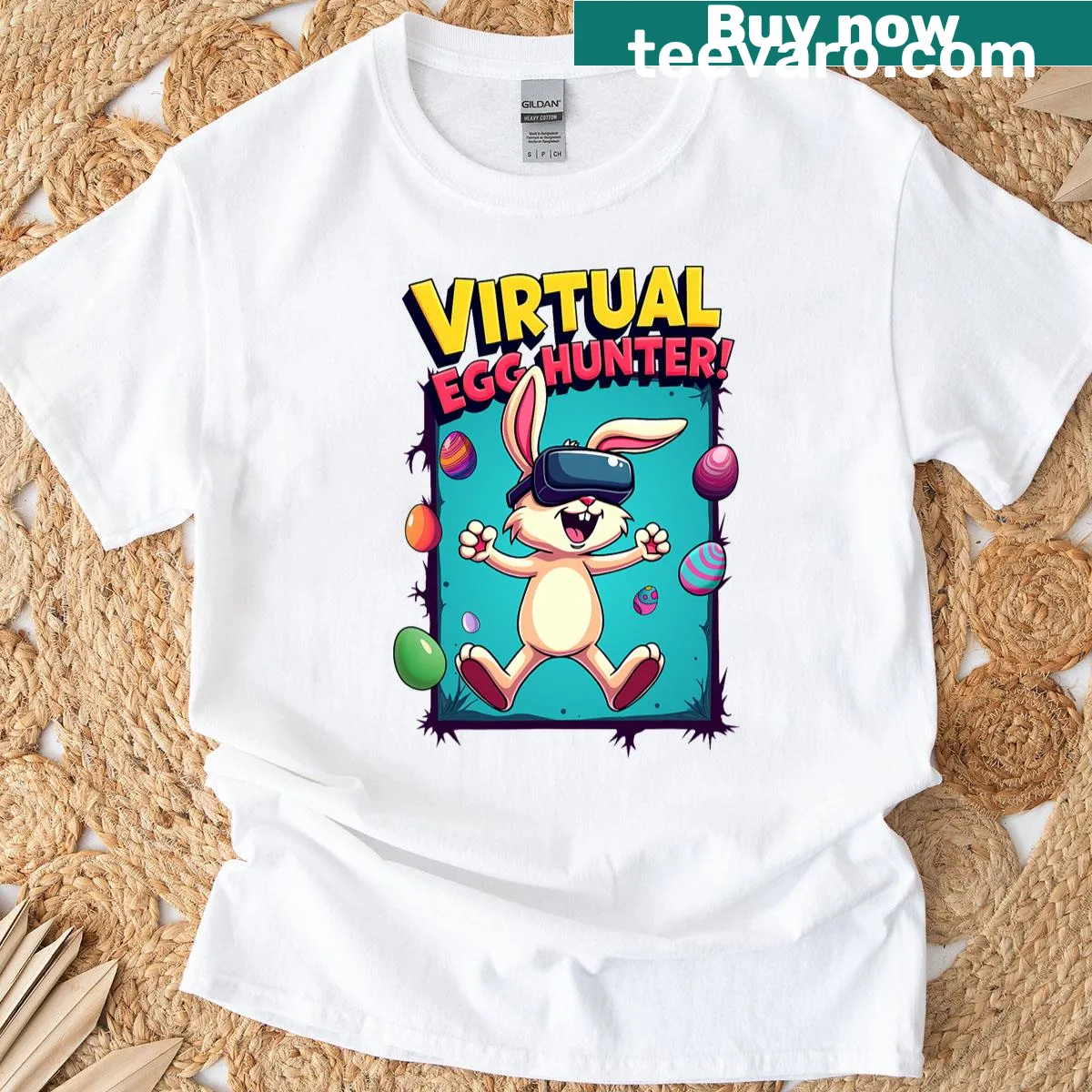 Funny gamer bunny graphic on an Easter-themed t-shirt — on a men's t-shirt