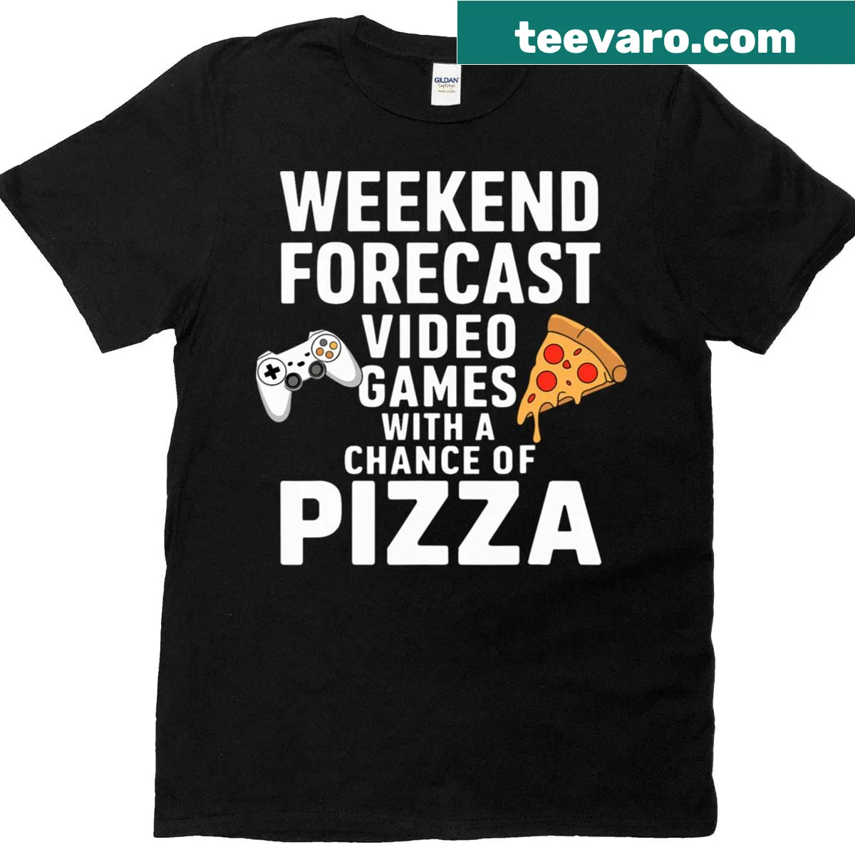 Funny gamer t-shirt with forecast text about video games and pizza — on a men's t-shirt