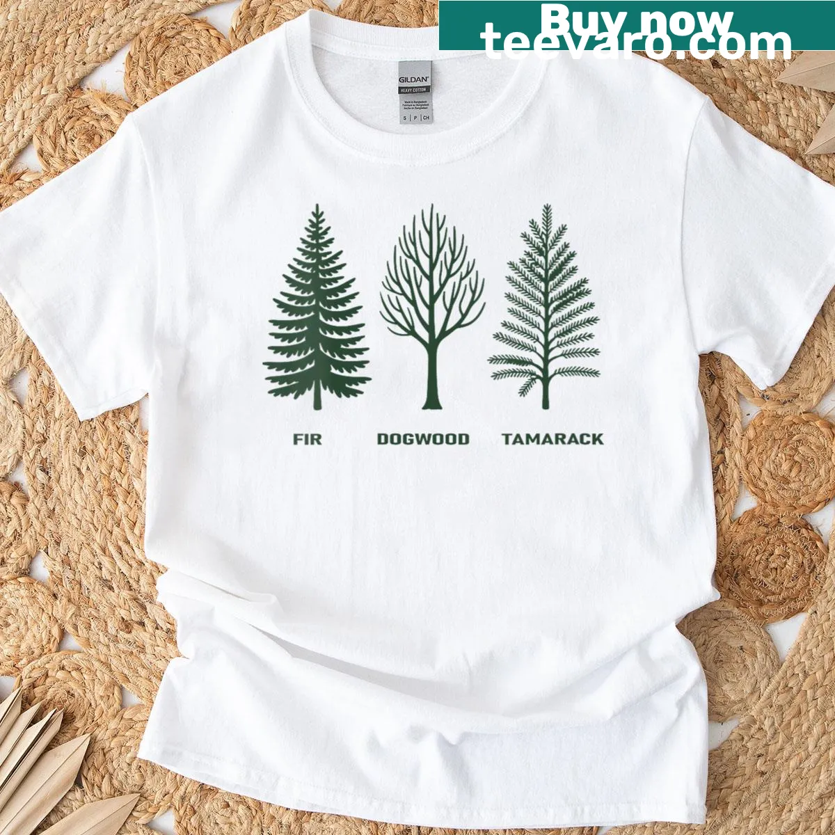 Illustrated fir and dogwood trees on a V-neck T-shirt for nature lovers — on a men's t-shirt