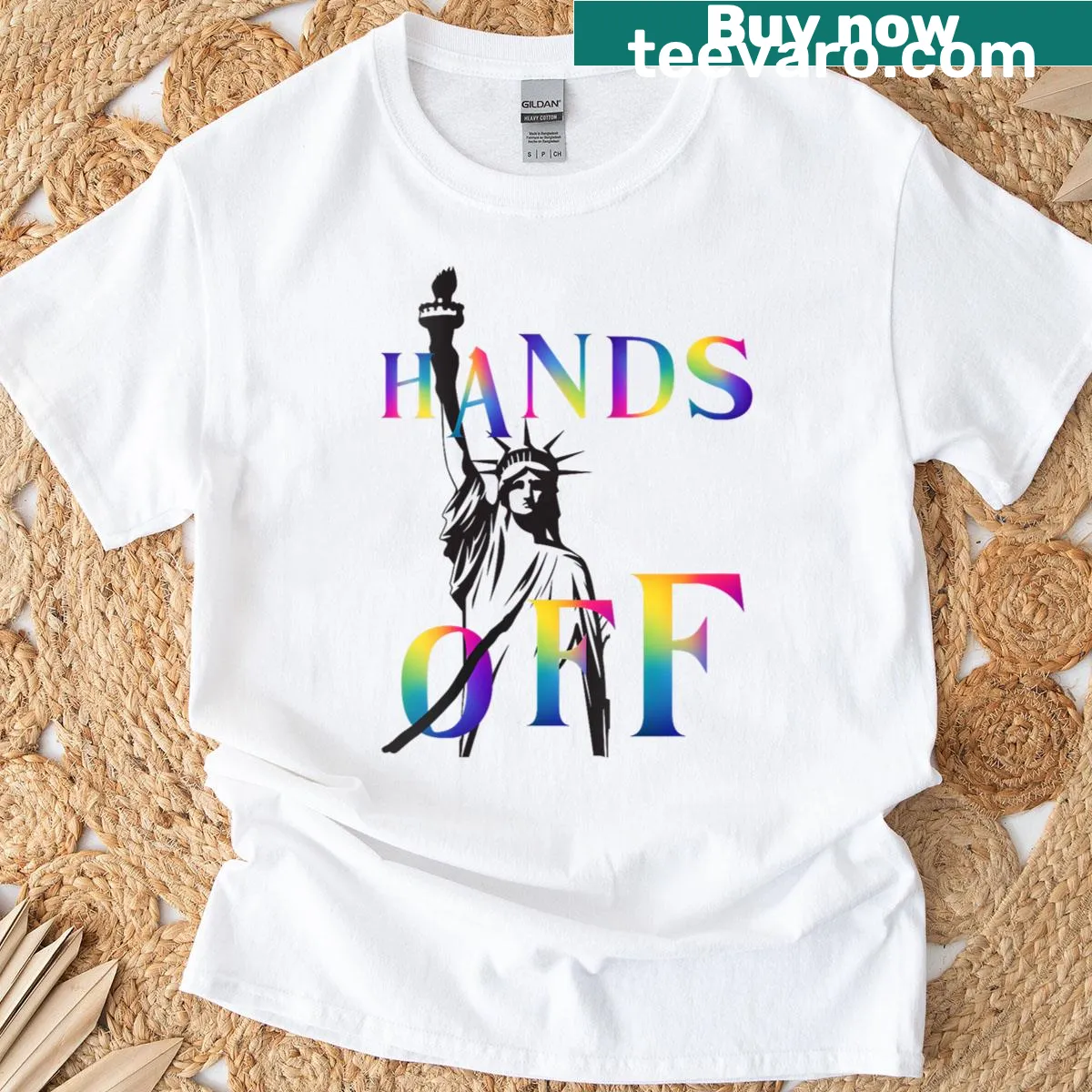 V-neck T-shirt featuring Statue of Liberty with rainbow design — on a men's t-shirt