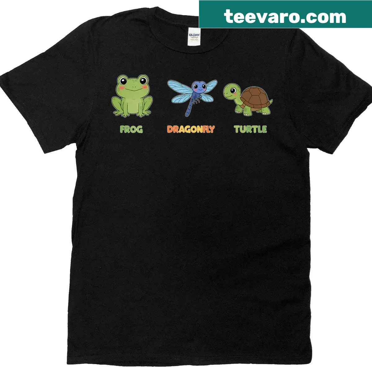 Cute V-neck t-shirt featuring a frog, dragonfly, and turtle illustration — on a men's t-shirt
