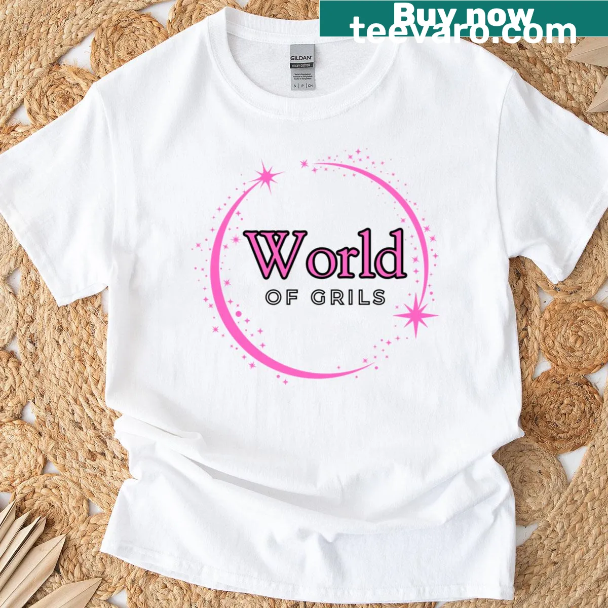 T-shirt featuring the phrase 'World Of Girls' in elegant typography — on a men's t-shirt