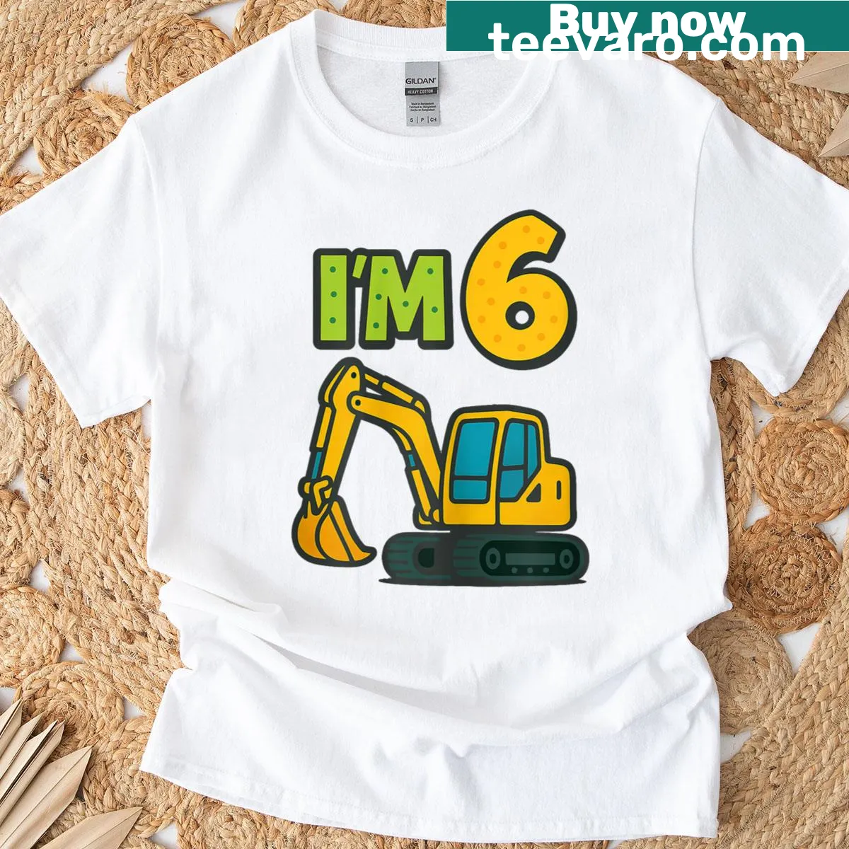 Cartoon yellow excavator and number 6 on a classic t-shirt — on a men's t-shirt