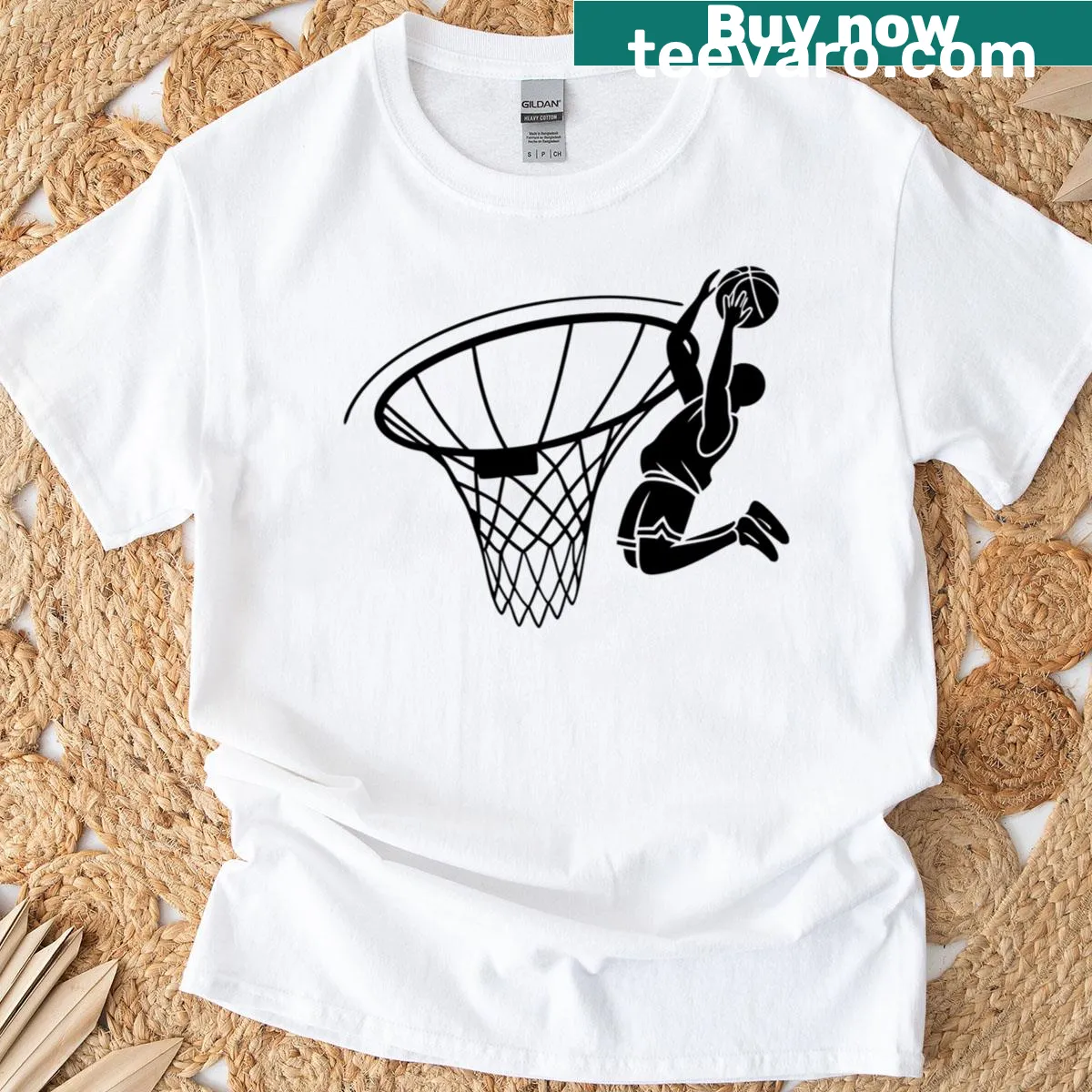 Silhouette T-shirt featuring a basketball player mid-dunk — on a men's t-shirt