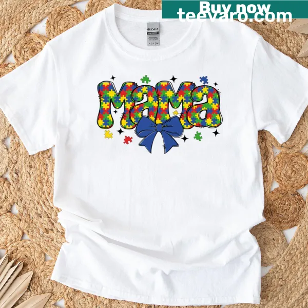 Puzzle bow graphic on autism mom t-shirt with proud text