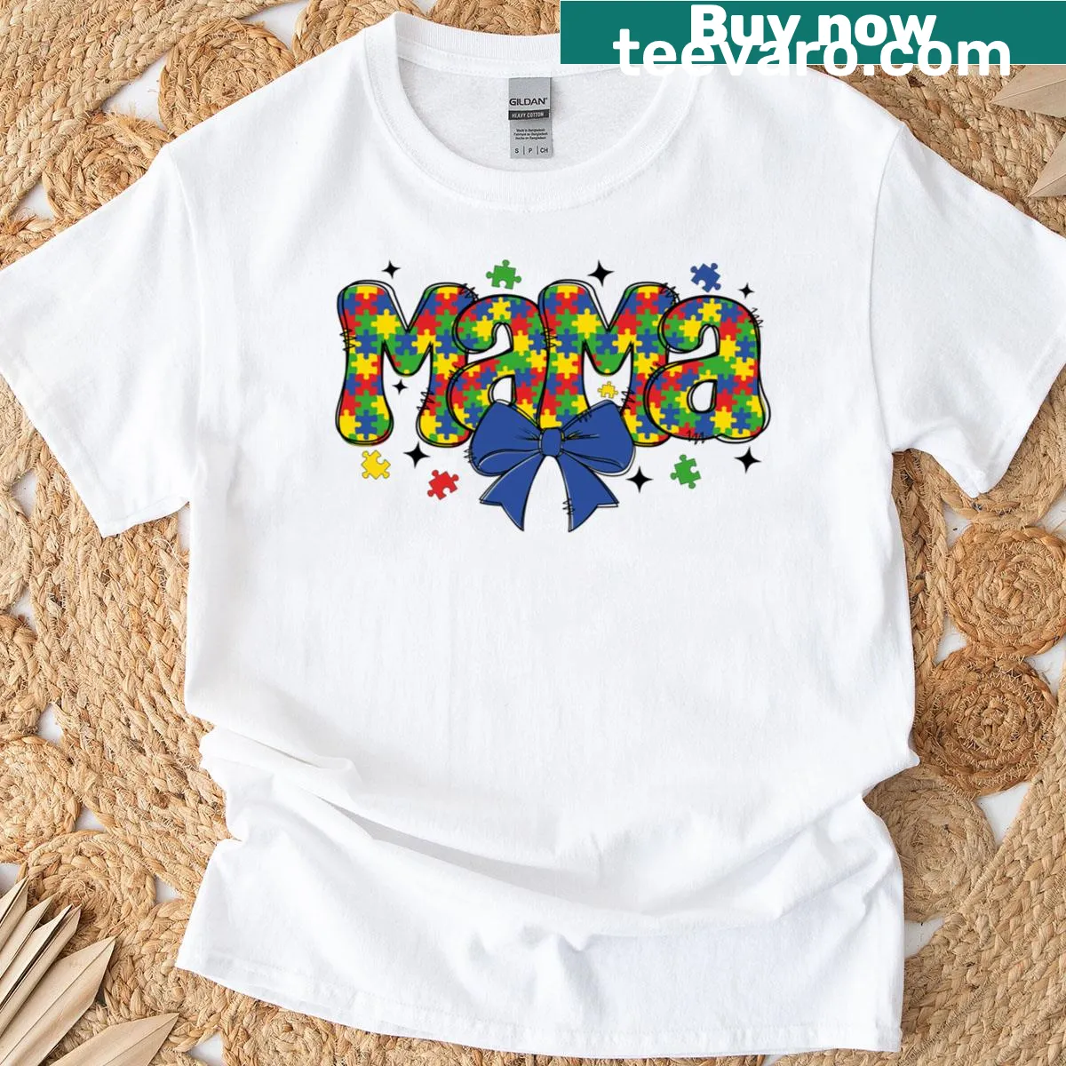 Puzzle bow graphic on autism mom t-shirt with proud text — on a men's t-shirt