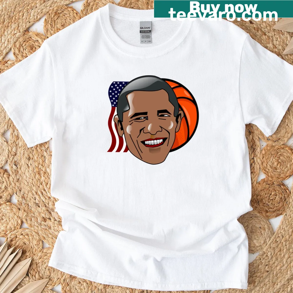 T-shirt featuring Barack Obama and basketball graphic — on a men's t-shirt