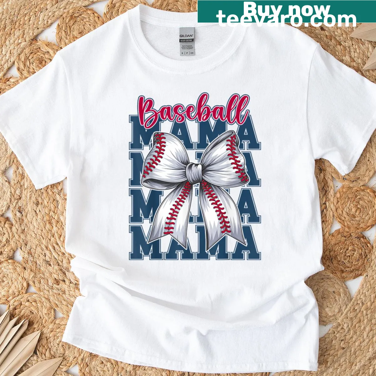 Baseball mama graphic t-shirt with coquette bow design — on a men's t-shirt
