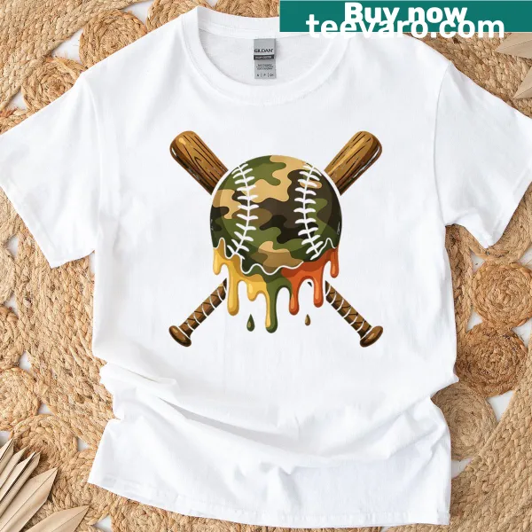 Cartoon design of camo baseball bats on a T-shirt.