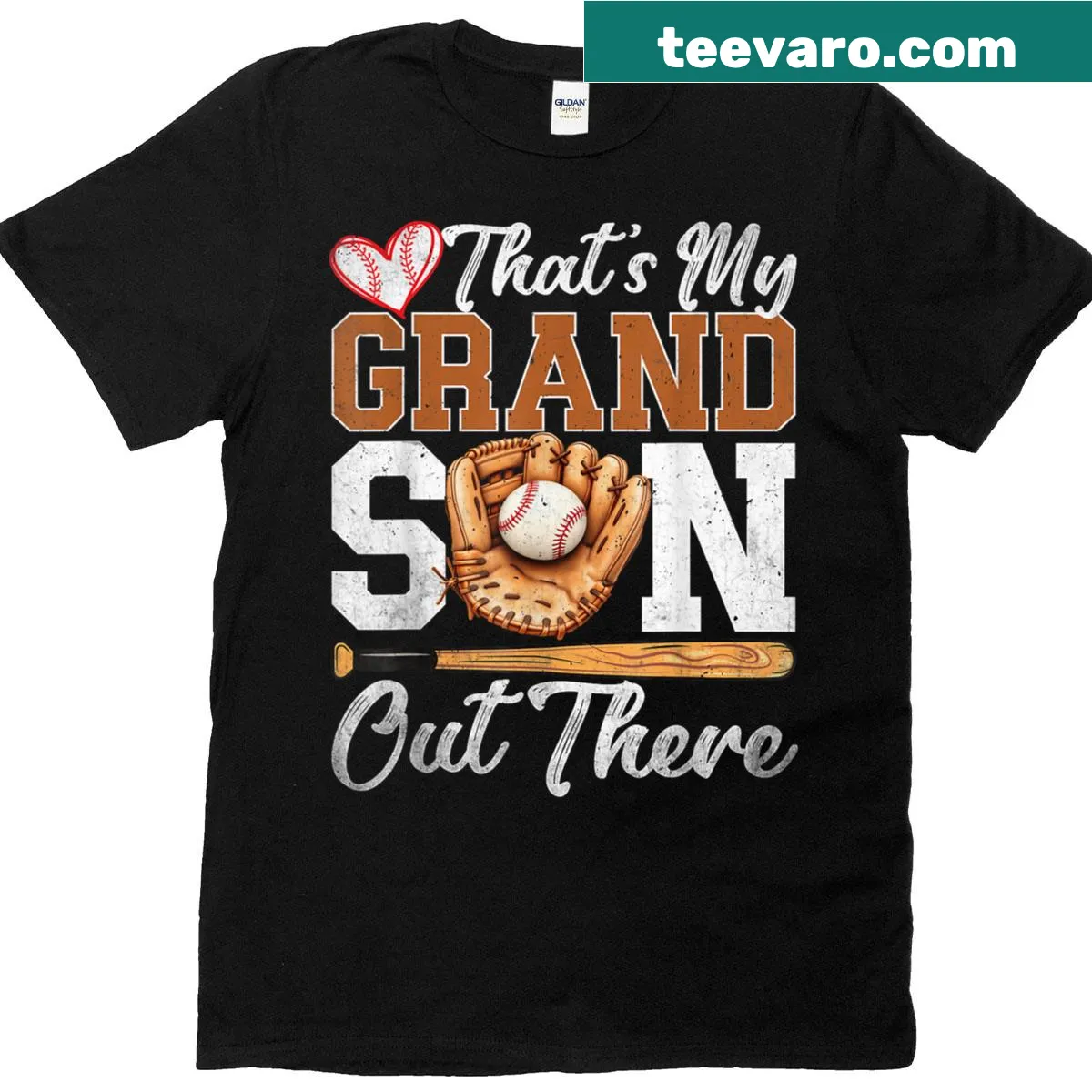 Text design saying 'That's My Grandson Out There' for baseball grandmas — on a men's t-shirt