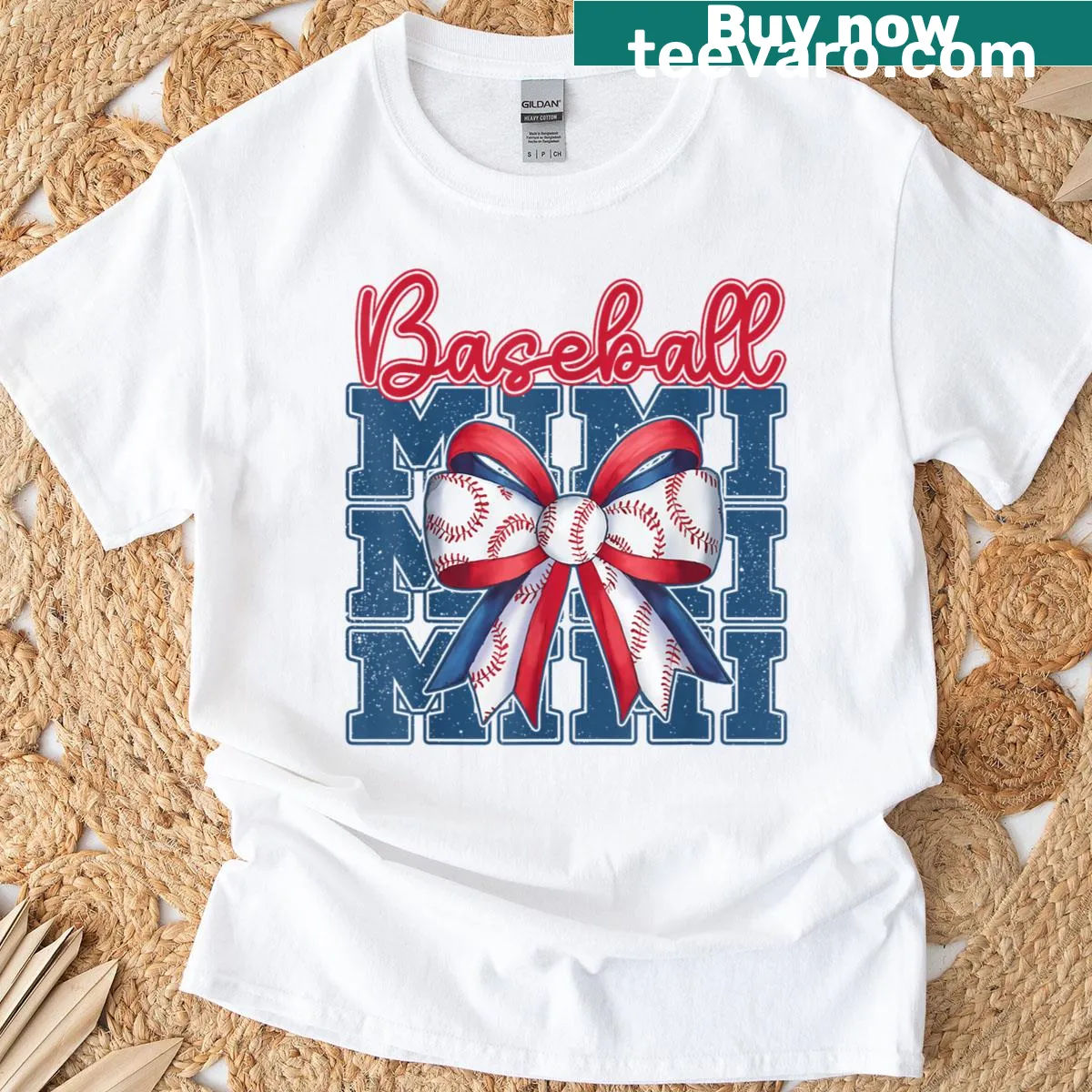 Baseball Mimi graphic t-shirt with coquette bow design — on a men's t-shirt