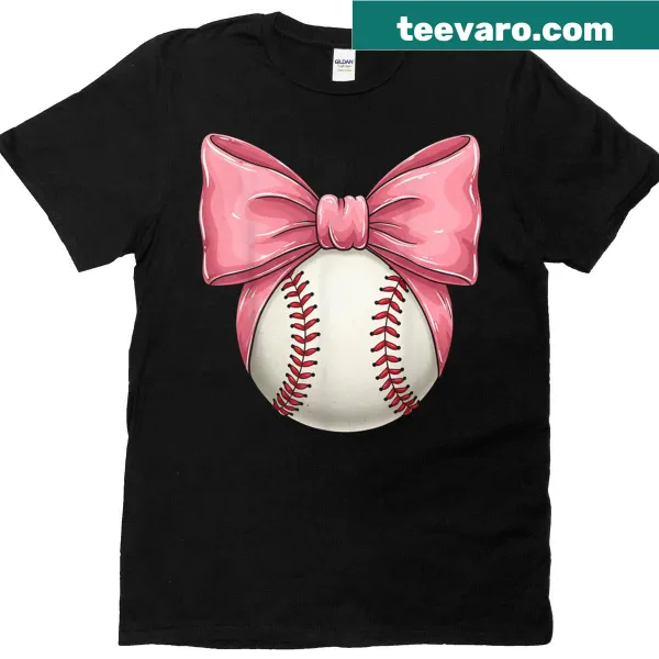 Stylish Baseball Mom shirt with pink bow and playful typography.