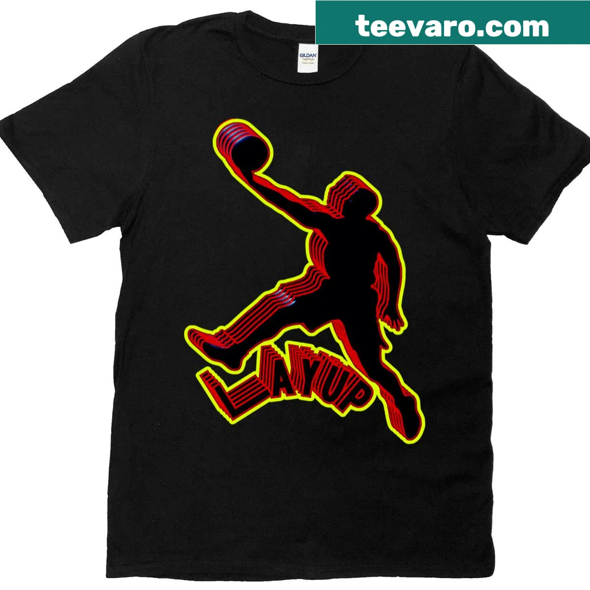Classic t-shirt with a basketball player performing a layup dunk — on a men's t-shirt