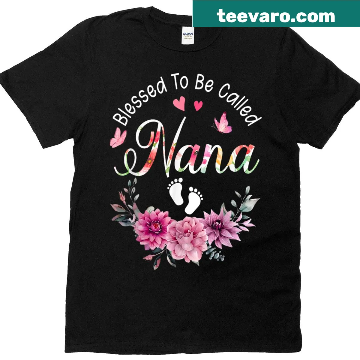 Floral Mother's Day t-shirt with 'Blessed To Be Nana' text for grandmas. — on a men's t-shirt