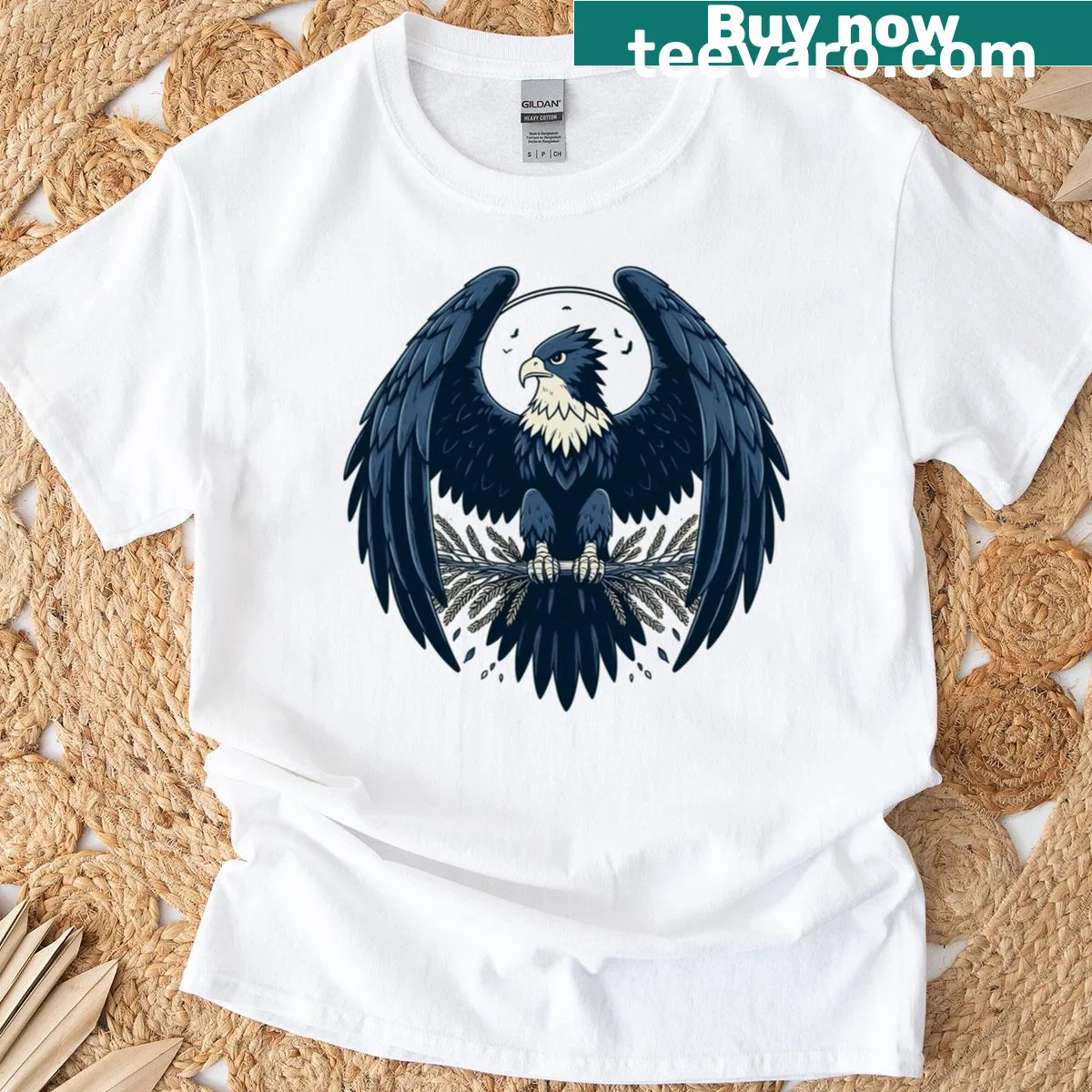 Classic t-shirt featuring a blue imperial eagle illustration in flight — on a men's t-shirt