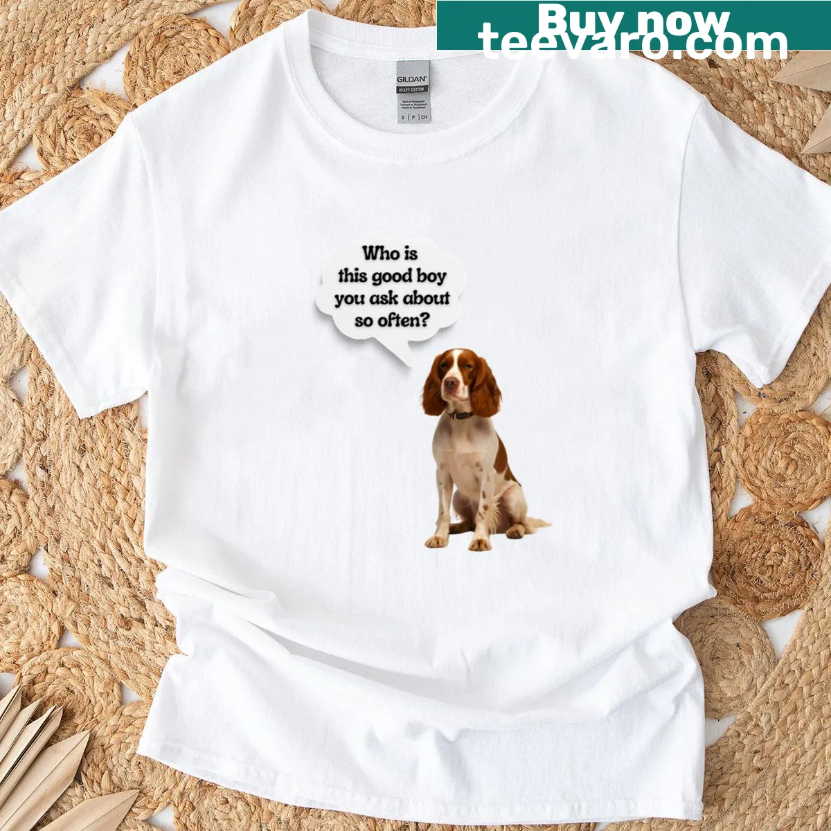 Funny Brittany Spaniel T-shirt with thought bubble graphic — on a men's t-shirt