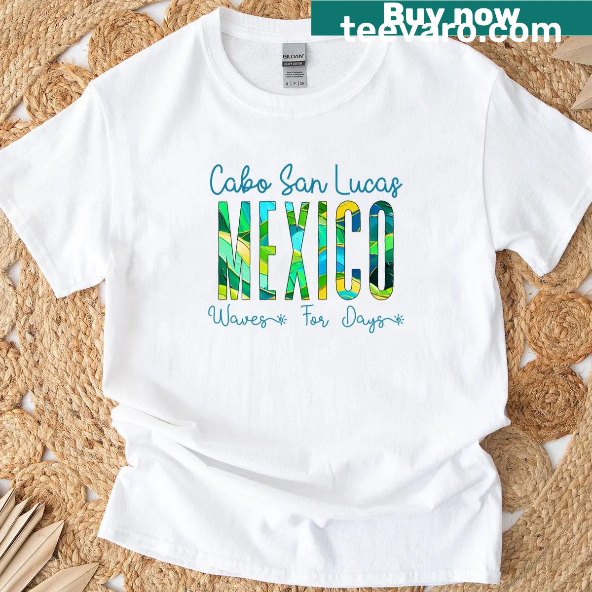 Classic t-shirt featuring an illustration of waves in Cabo San Lucas, Mexico — on a men's t-shirt